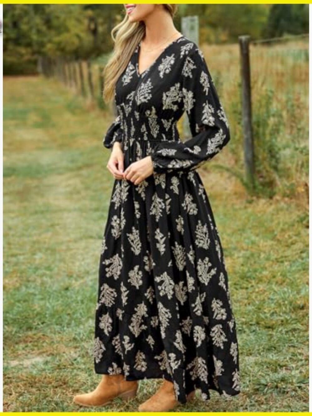 Floral Maxi Dress V Neck Long Puff Sleeve Smocked Waist Ruffle Boho Festival - Picture 3 of 6